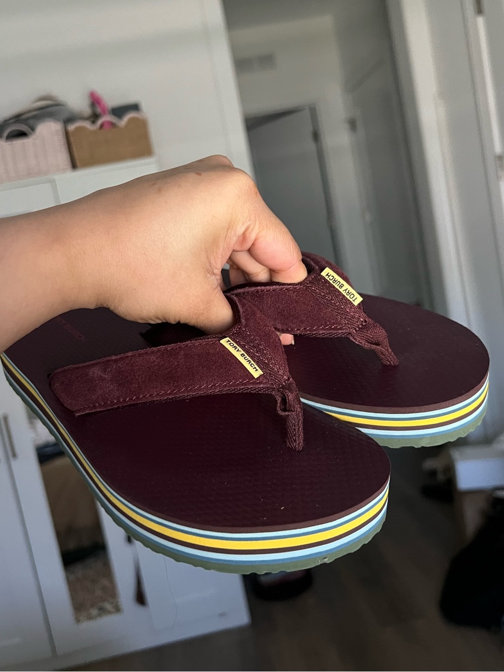 Tory Burch Burgundy Flip Flop Sandals with Striped Sole